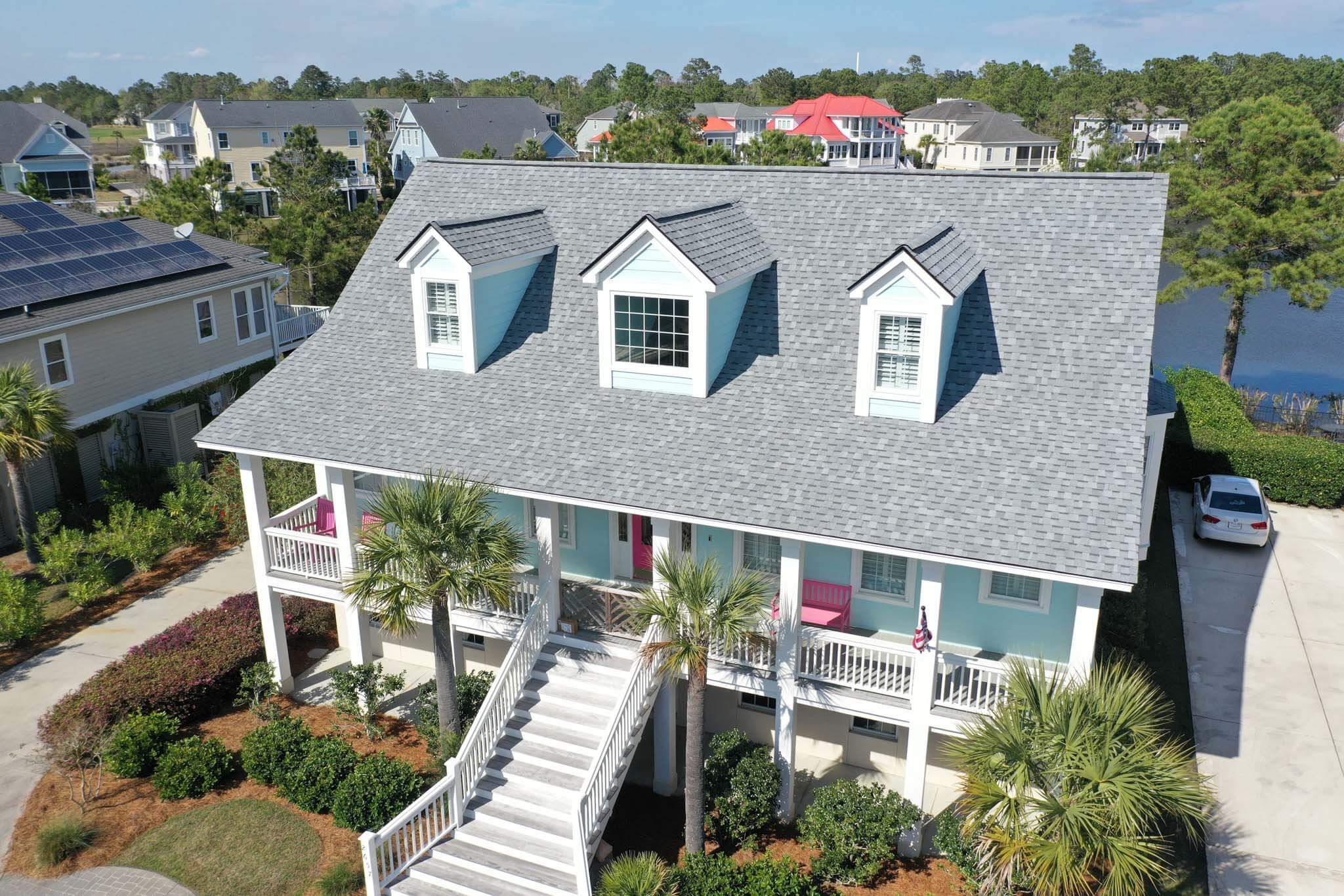 after shot of roof replacement, grey shingles