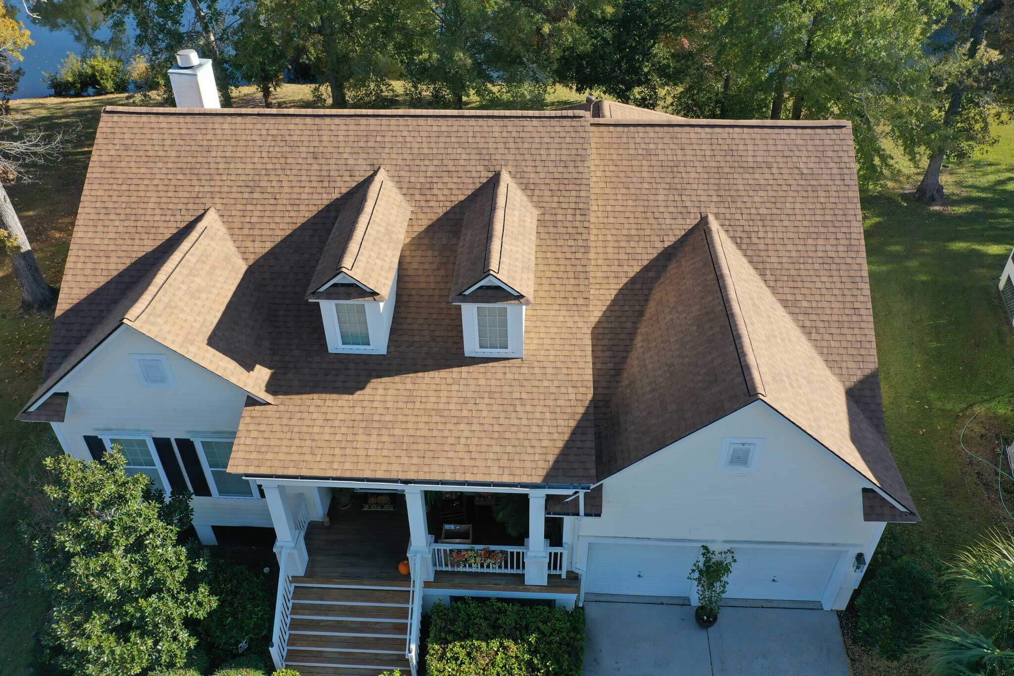 aerial view of brown shingle roof
