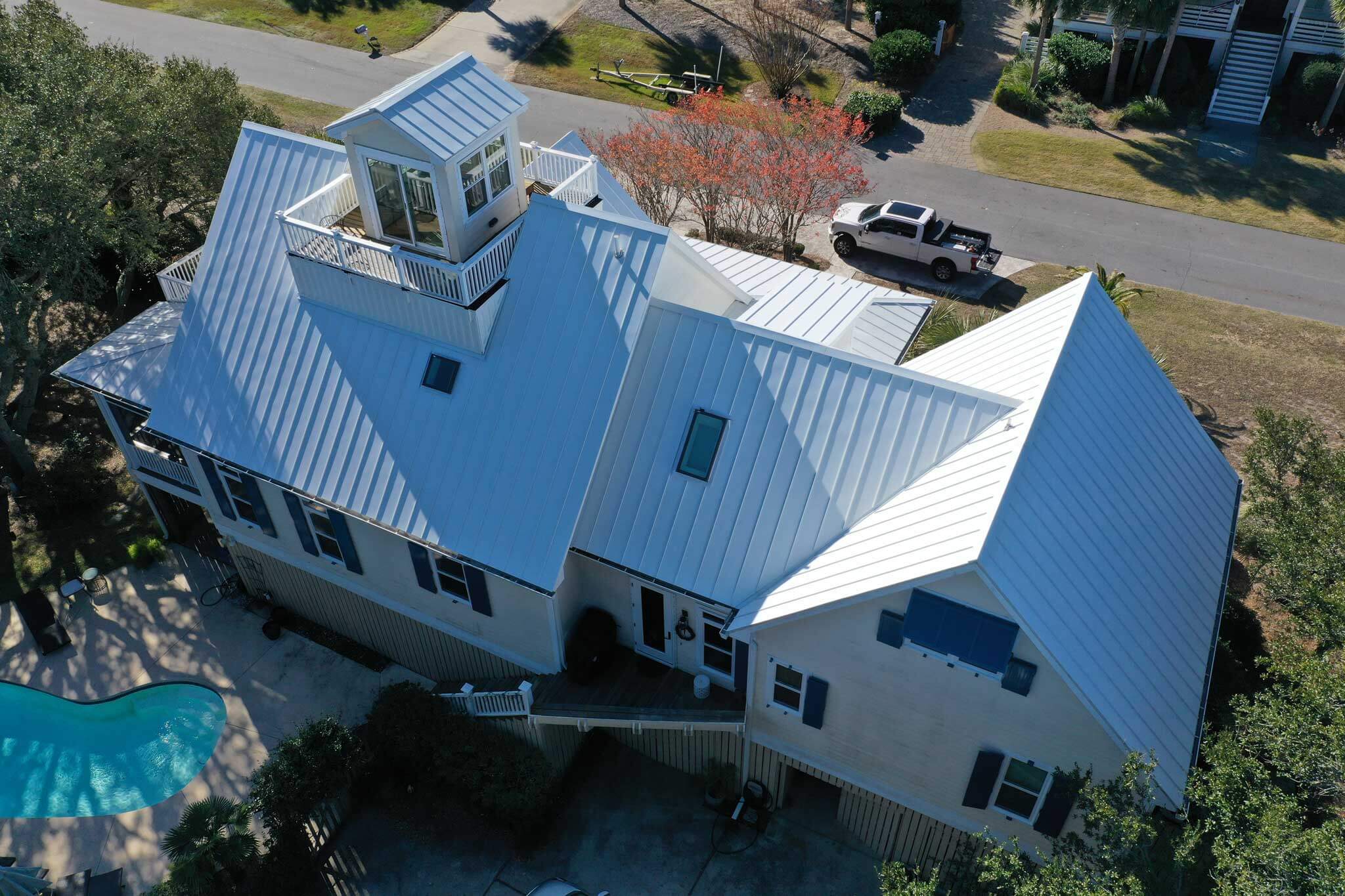 aerial view of metal roof work